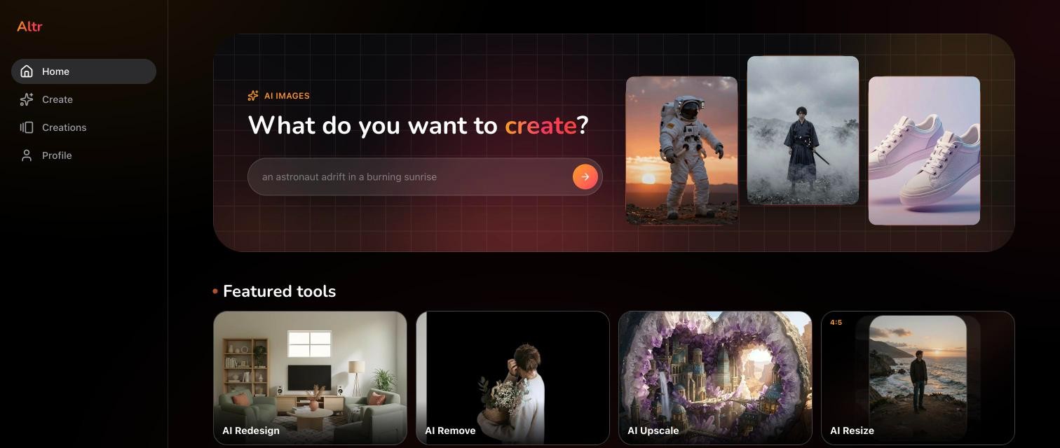 The Altr web studio home screen with the AI Images prompt box and featured tools: AI Redesign, AI Remove, AI Upscale and AI Resize